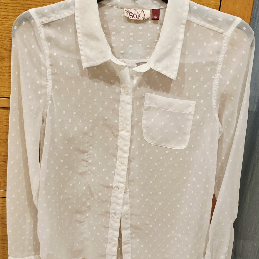 SO Dotted White Sheer Button-Up Blouse, Women's S